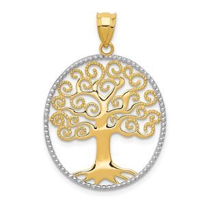 14k Yellow Gold & White Rhodium Filigree Tree of Life Pendant, 23mm